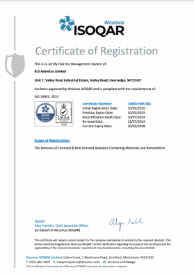 ISO 14001: 2015 - Certificate of registration of the Management System for the removal of licensed and non-licensed asbestos containing materials and remediation